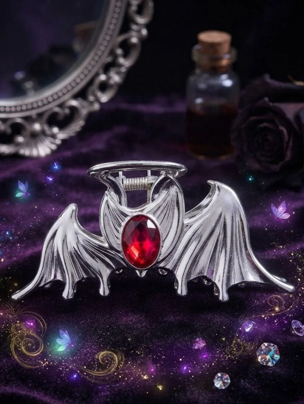 Cosmic Aura Silver Bat Wing Red Gemstones Claw Hair Clip